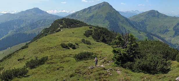 Links in het dal de Kobinger-hütte en geheel rechts het bergstation van de Alpenrosenbahn