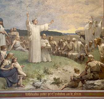 Dit is een muurschildering van Georg Sturm getiteld Willibrordus predikt het Christendom aan de Friezen.