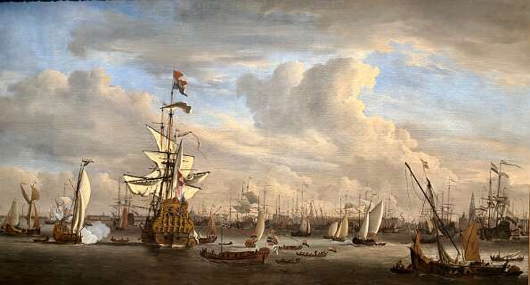 Het IJ voor Amsterdam met de 'Gouden Leeuw' van Willem van de Velde de Jonge, geschilderd rond 1686