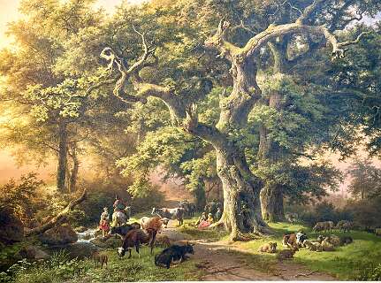 "Bosgezicht" van de Nederlandse schilder Barend Cornelis Koekkoek.Het is een klassiek voorbeeld van Nederlandse Romantische landschapsschilderkunst.