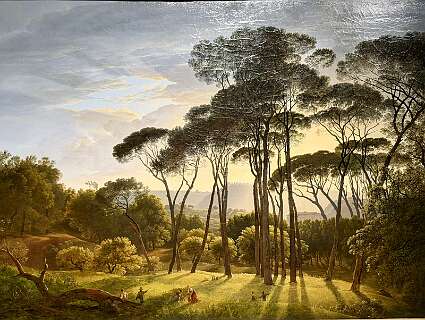 "Italiaans landschap met parasoldennen", een schilderij uit 1807 door Hendrik Voogd.