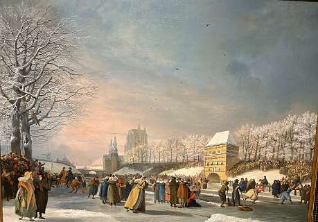 "Schaatswedstrijd voor vrouwen op de Stadsgracht in Leeuwarden, 21 januari 1809" van de kunstenaar Nicolaas Baur.