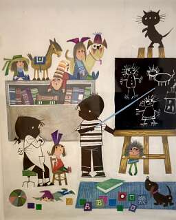 Een scène uit de klassieke Nederlandse \kinderboekenreeks Jip en Janneke, getekend door de beroemde illustrator Fiep Westendorp