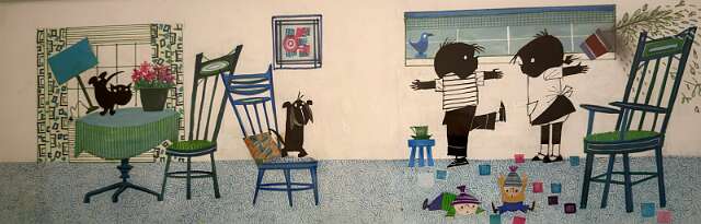 Een bekende illustratie van Jip en Janneke door Fiep Westendorp, vaak gebruikt voor kinderboeken en woondecoratie.