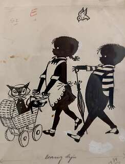 Silhouetillustratie van de bekende Nederlandse kinderboekfiguren Jip en Janneke.