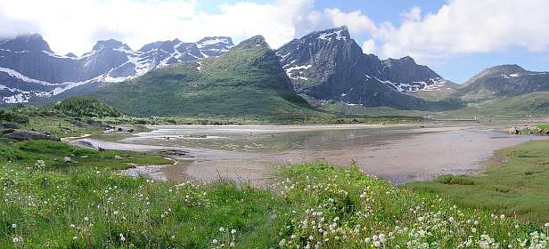 Panorama bij Haukland richting Flakstoya