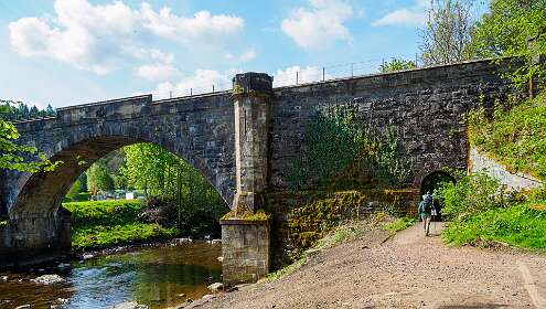Begin van de Braan path wandeling door het Tay Forest Park. Brug over de Tay rivier.