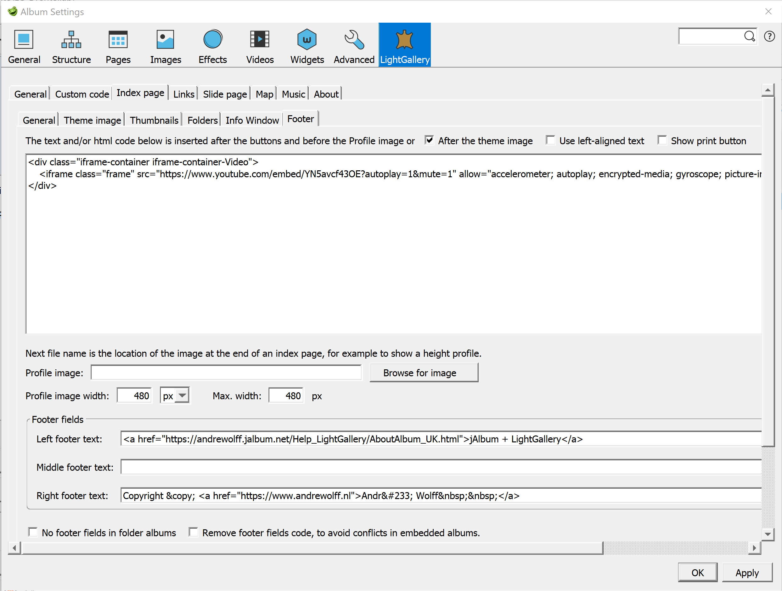 Skin settings – Index page / Footer