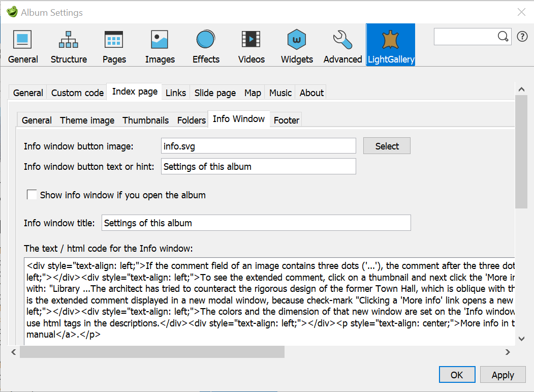 Skin settings – Index page / Info window