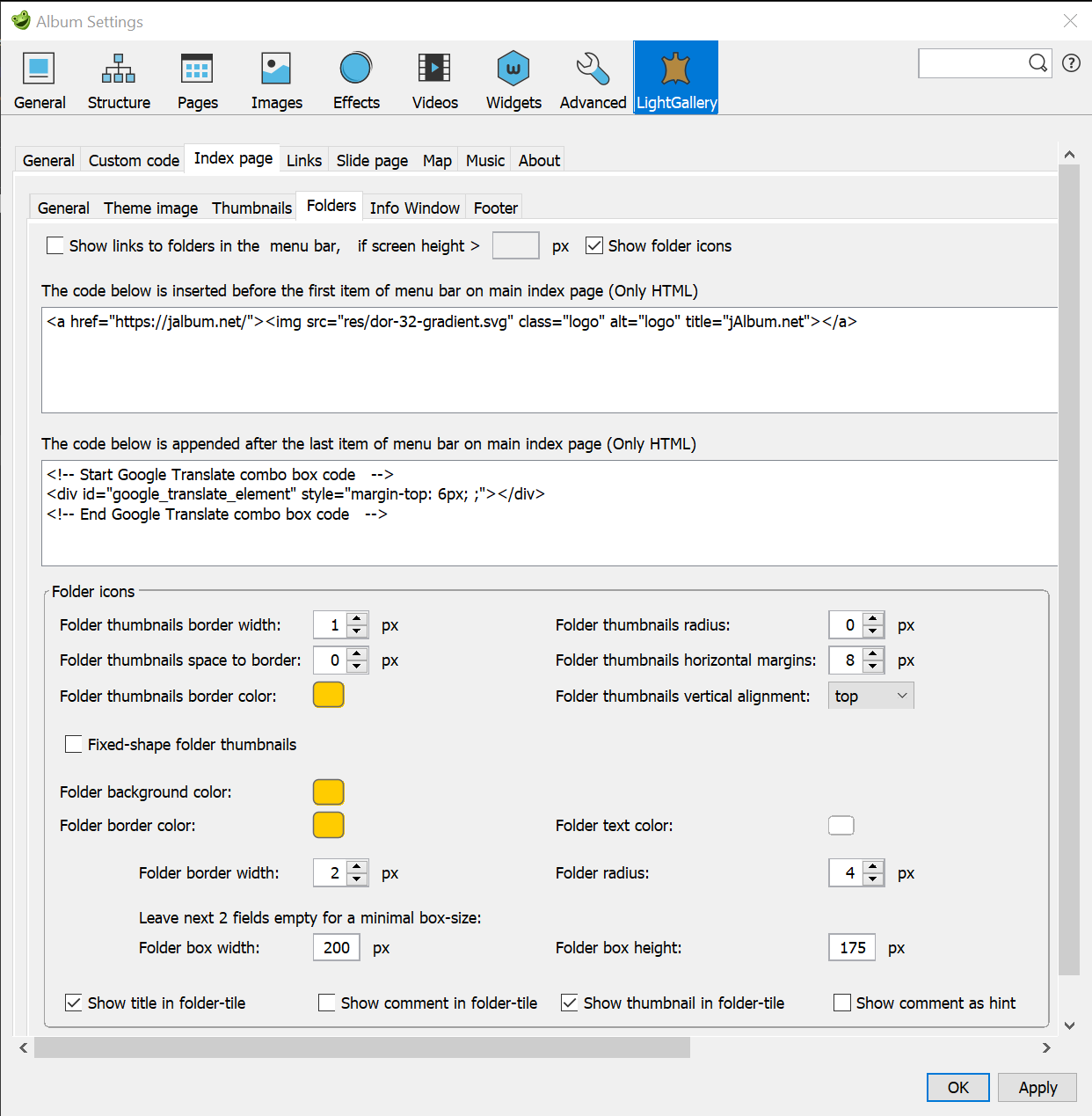 Skin settings – Index page / Folders