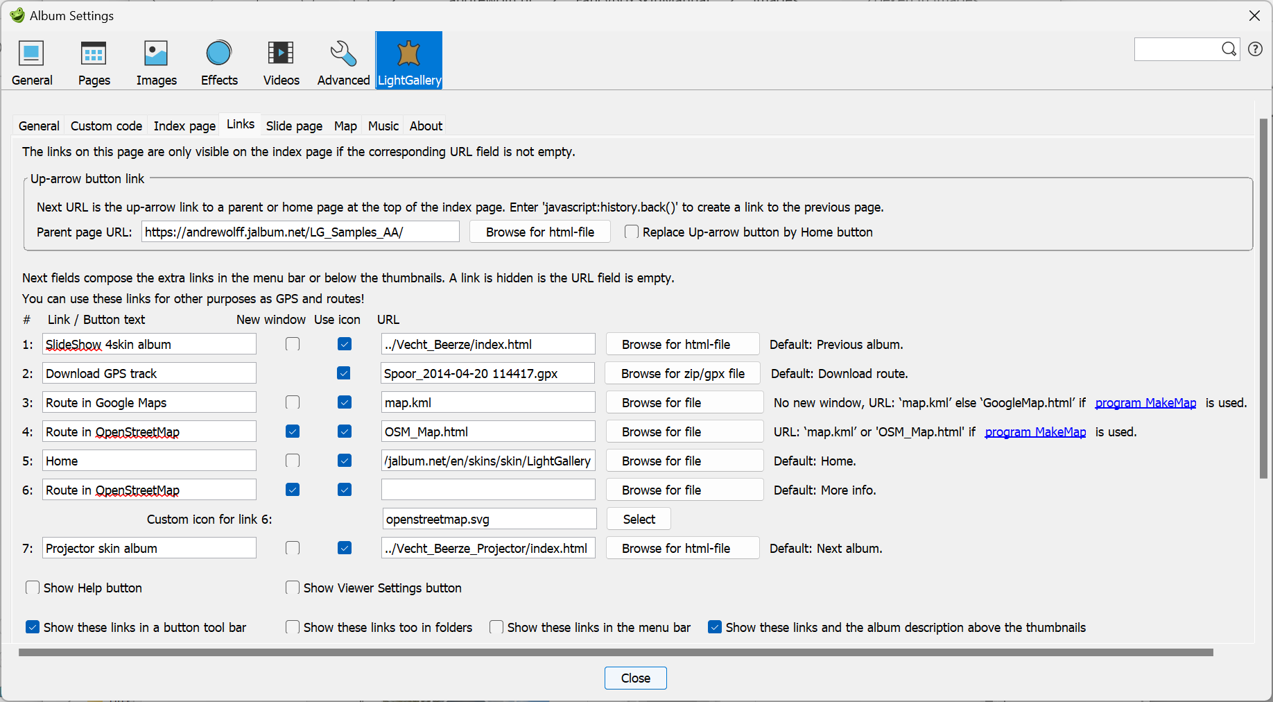 Skin settings – Links