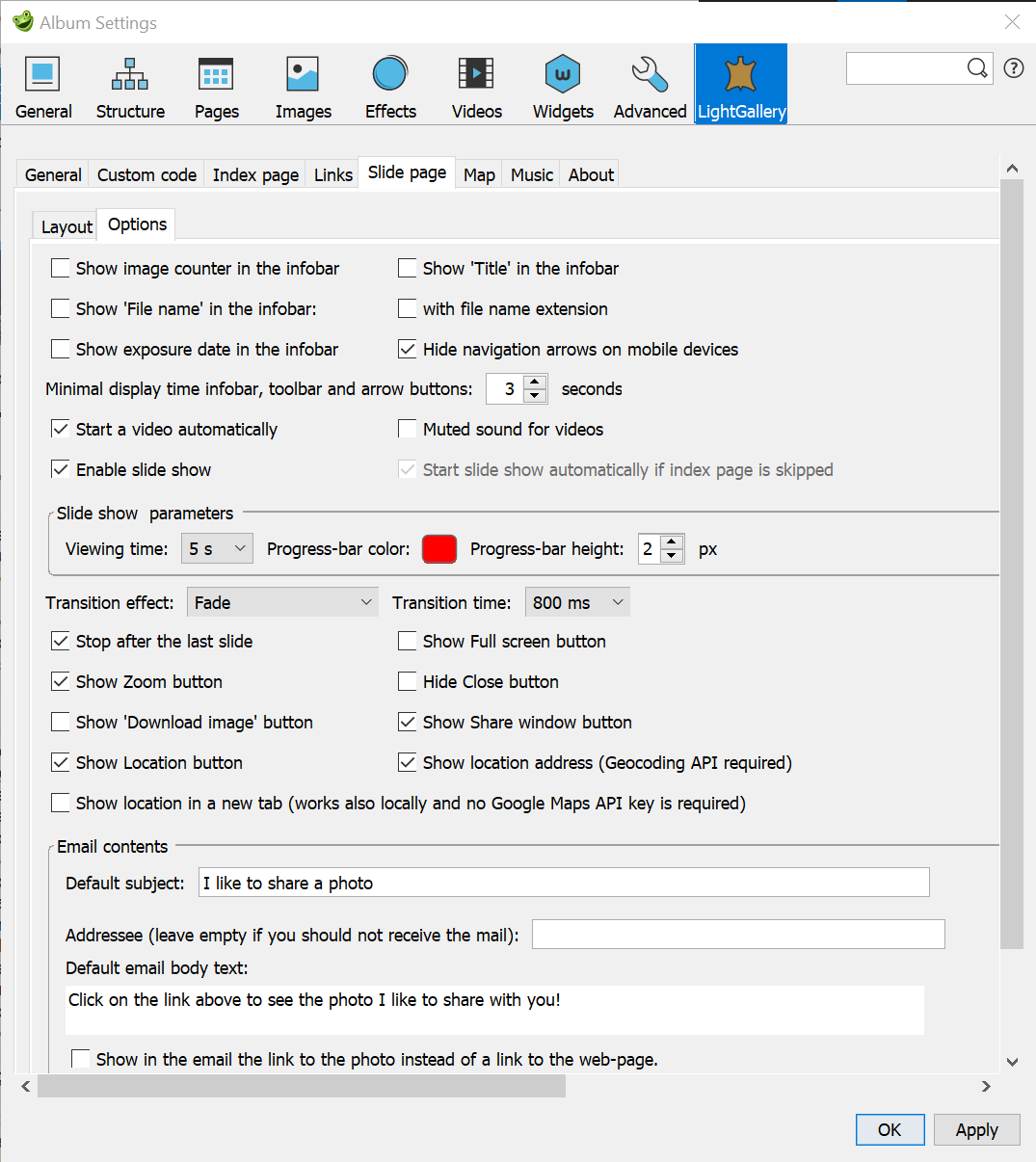 Skin settings – Slide page / Options
