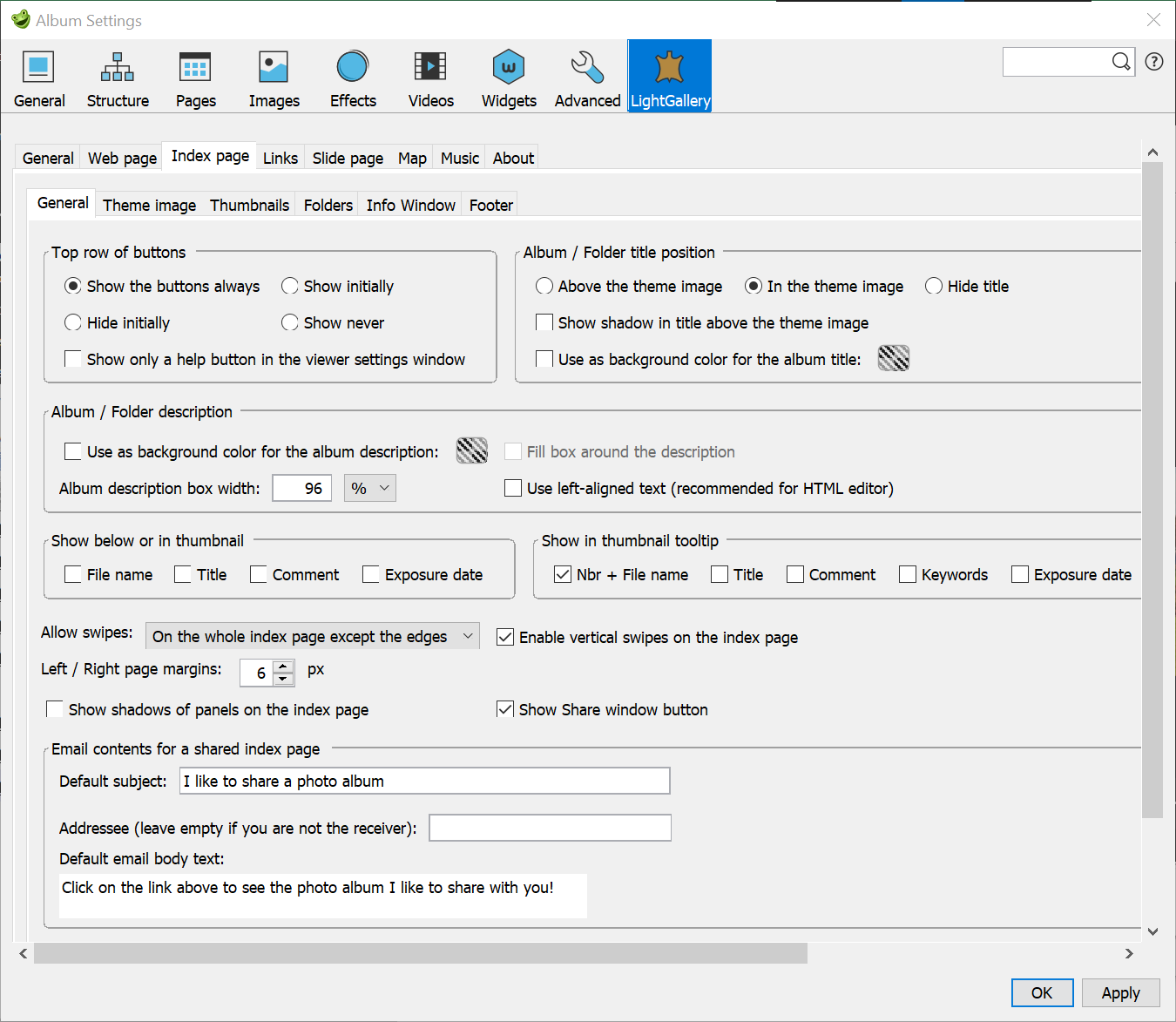 Skin settings – Index page / General
