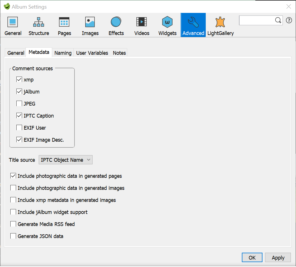 Album Settings – Advanced - Metadata