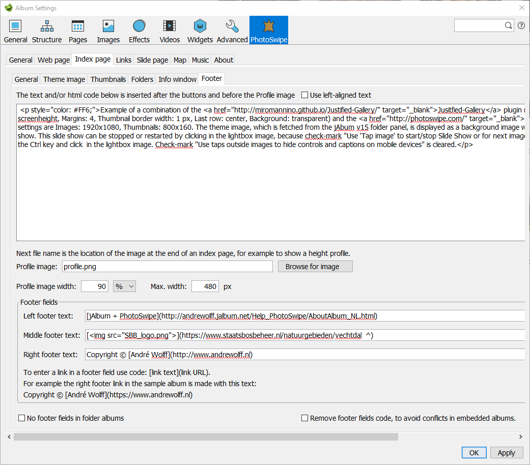 Skin settings – Index page / Footer