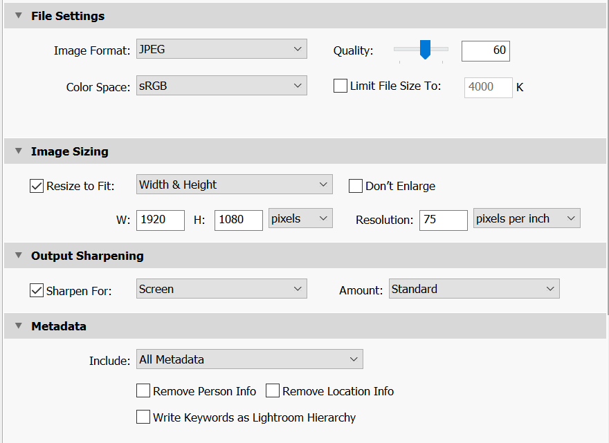 Lightroom export settings