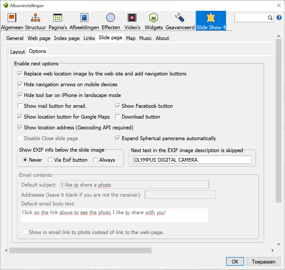 Slide Show 4 settings – Slide page / Options