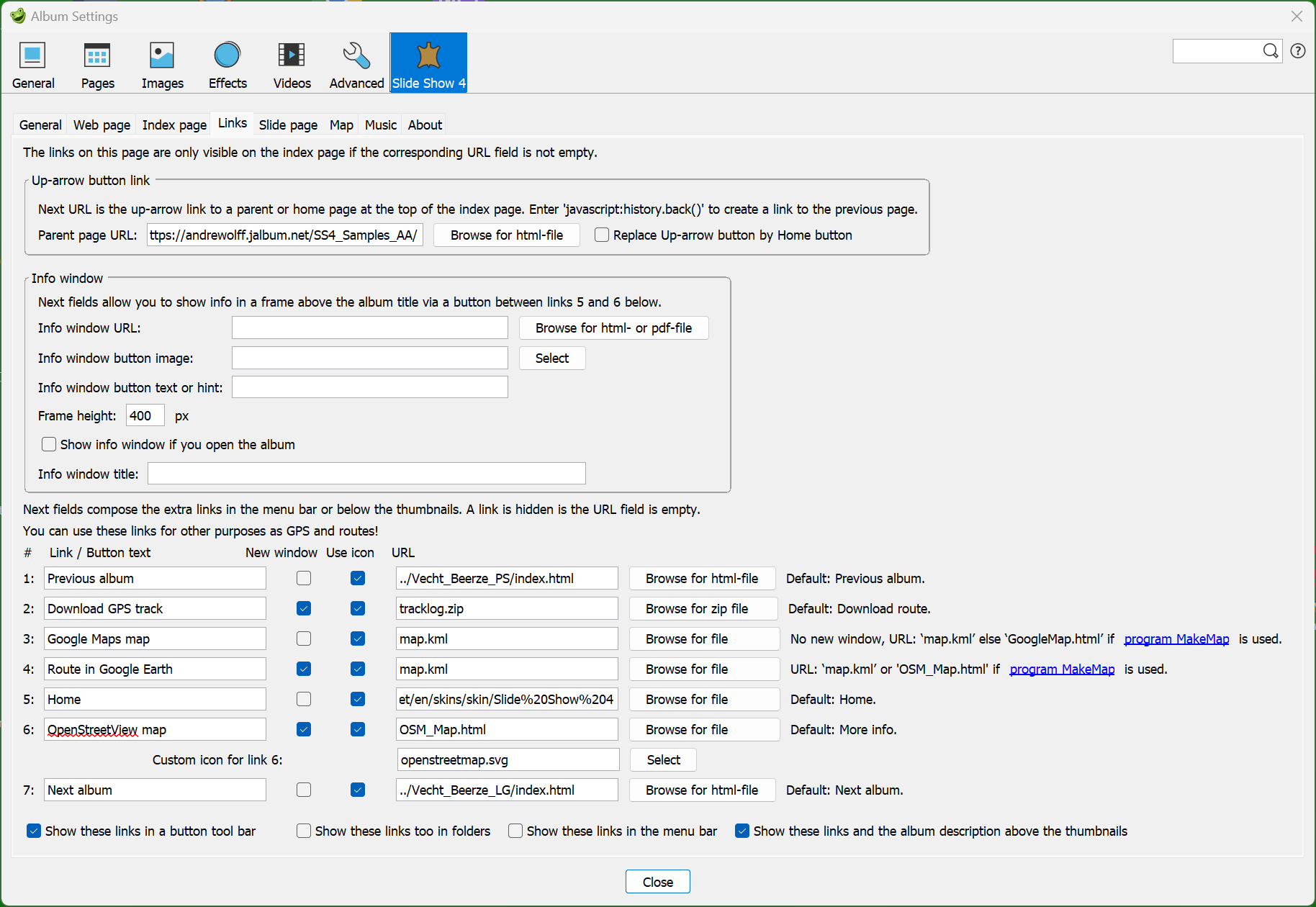 Skin settings – Links