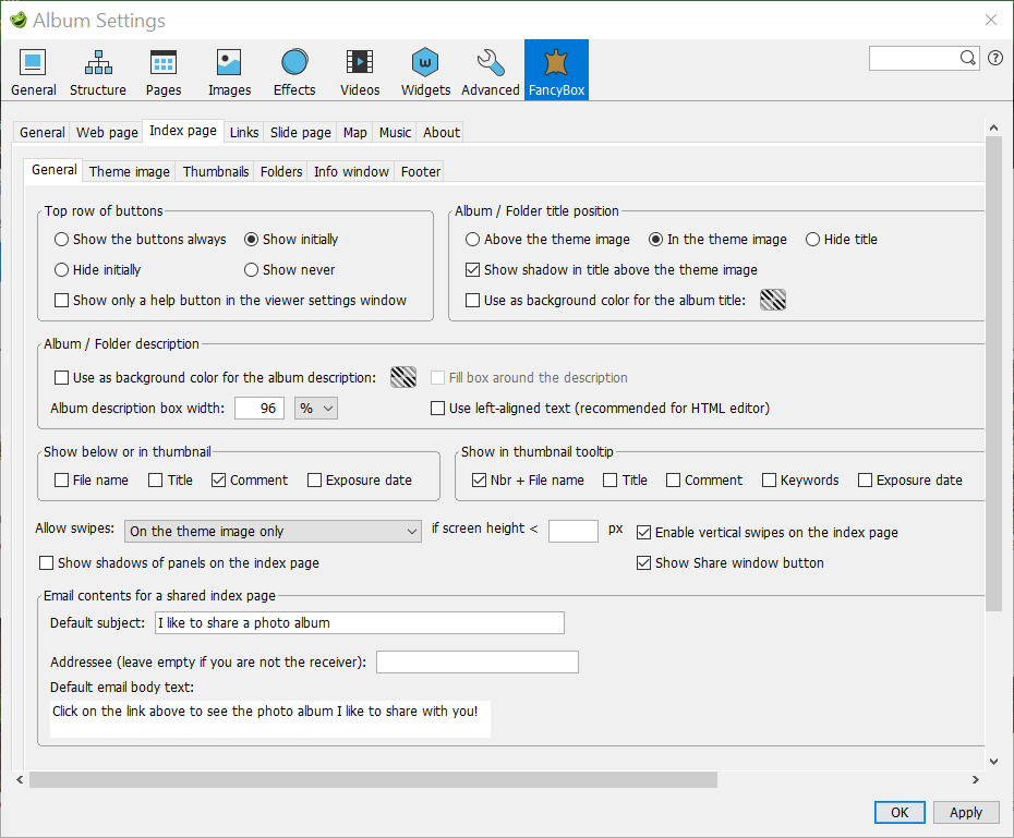 Skin settings – Index page / General