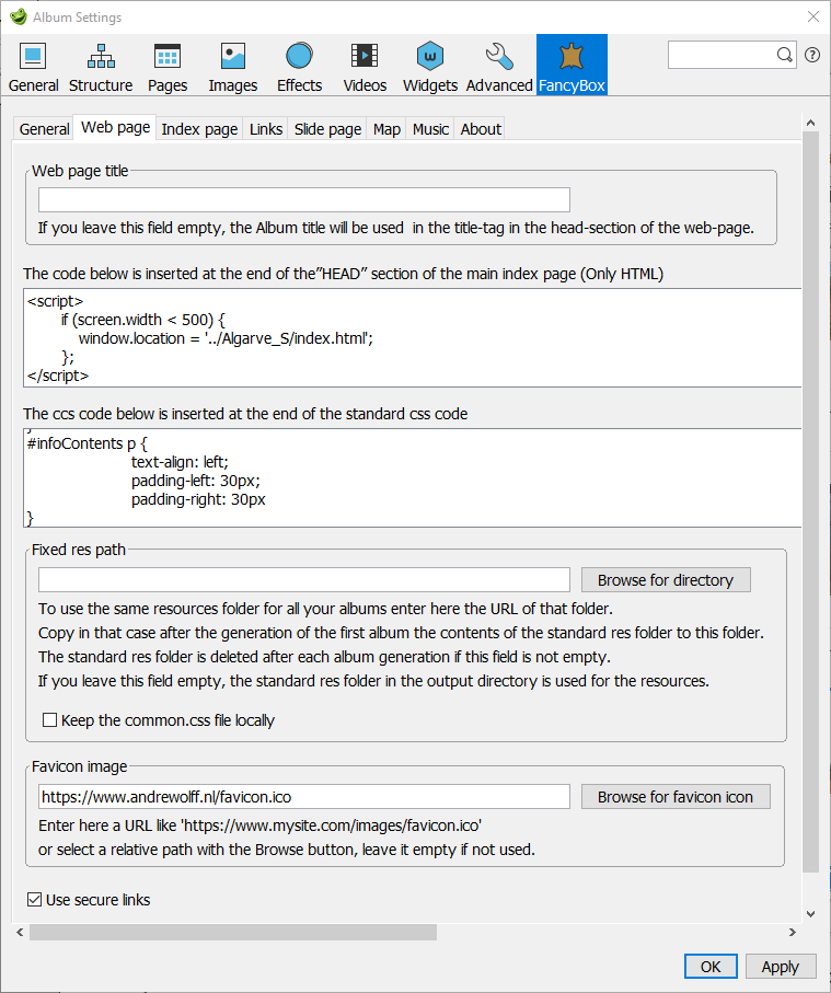 Skin settings – Web page