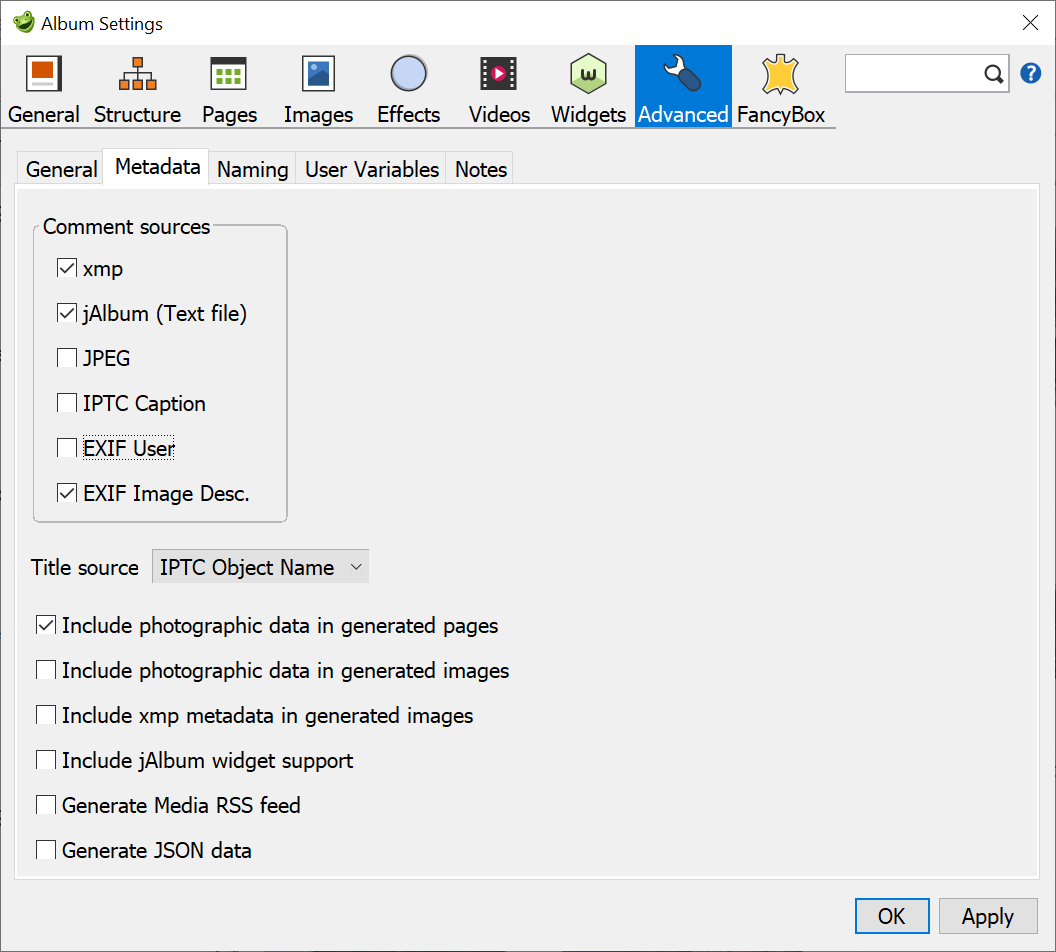 Album Settings – Advanced - Metadata